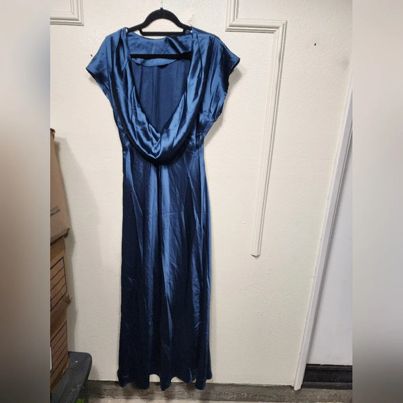 Lulus Captivating Presence Dark Teal Satin Cowl Back Maxi Dress L Wedding Party - Picture 9 of 10